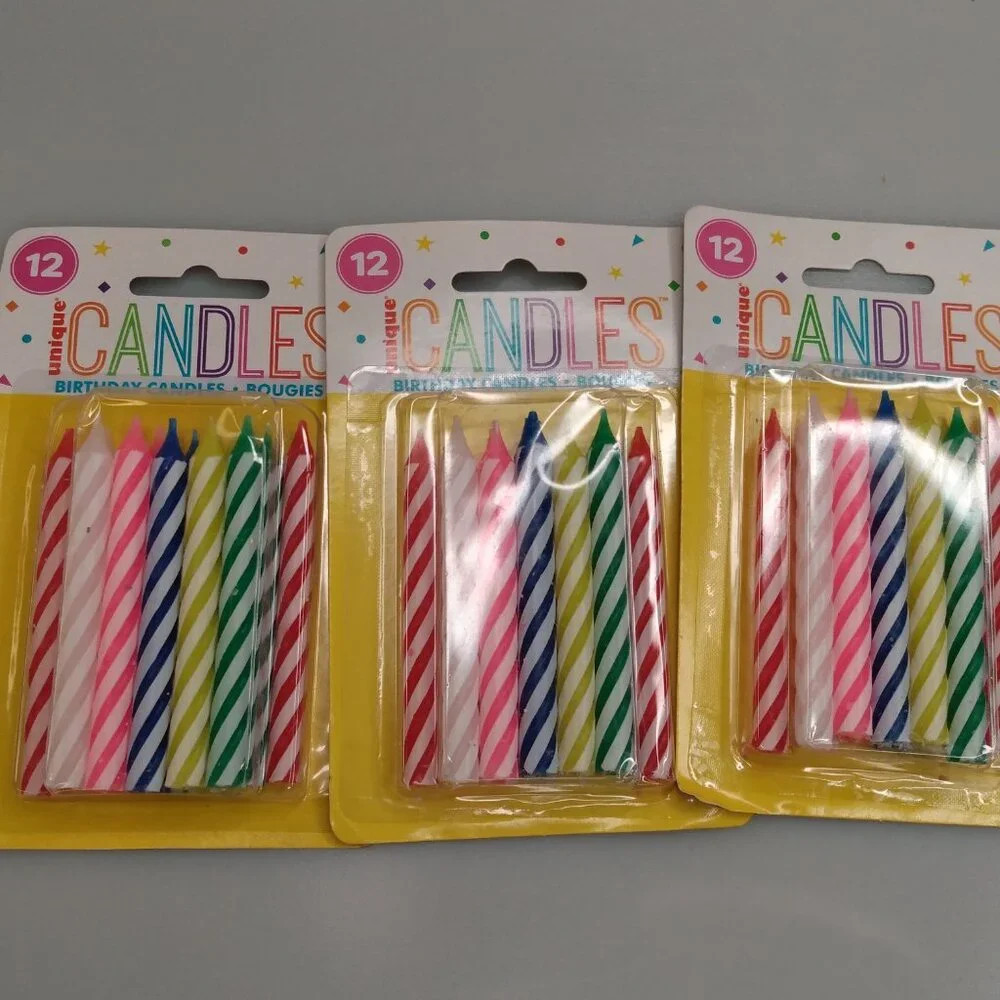 Assorted Colored Stripe Birthday Candles 3 Packs of 12 (Multipack of 36 candles)